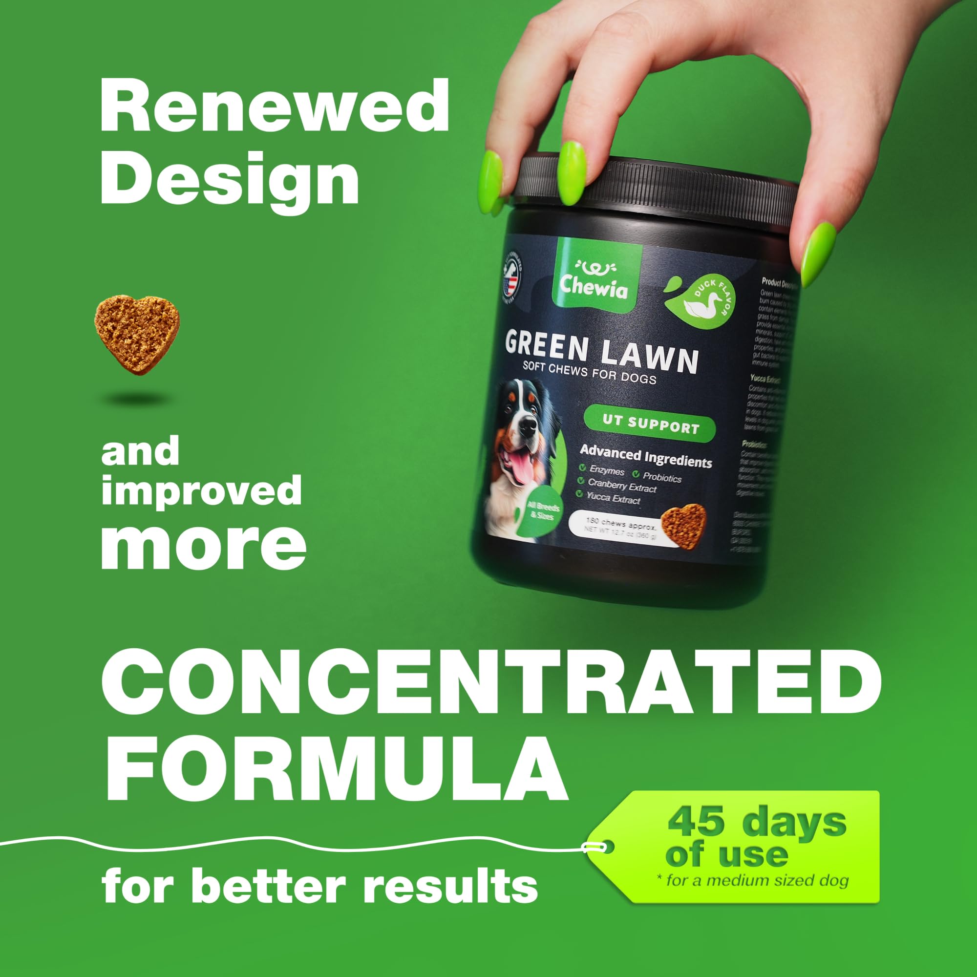 CHEWIA Grass Burn Spot Chews taste close-up highlighting tasty support for urinary balance.