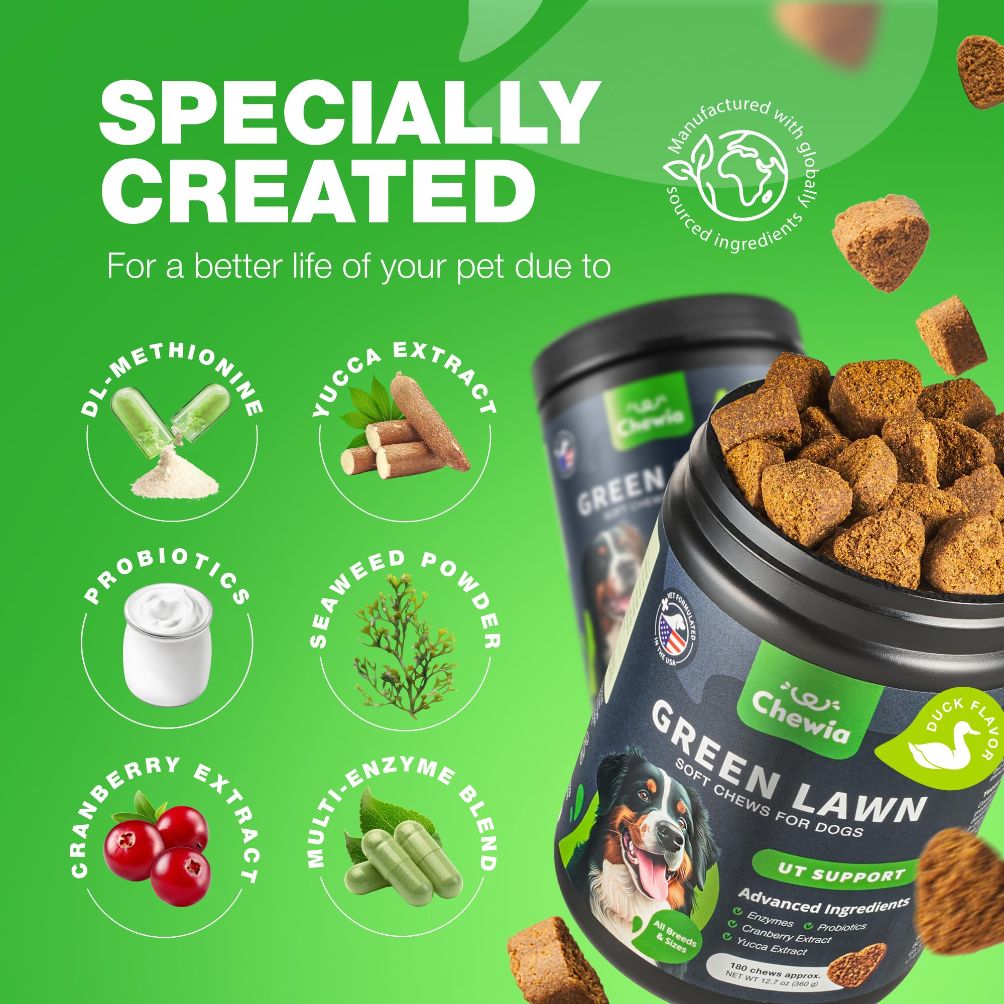 CHEWIA Grass Burn Spot Chews urine-health close-up emphasizes premium ingredients.
