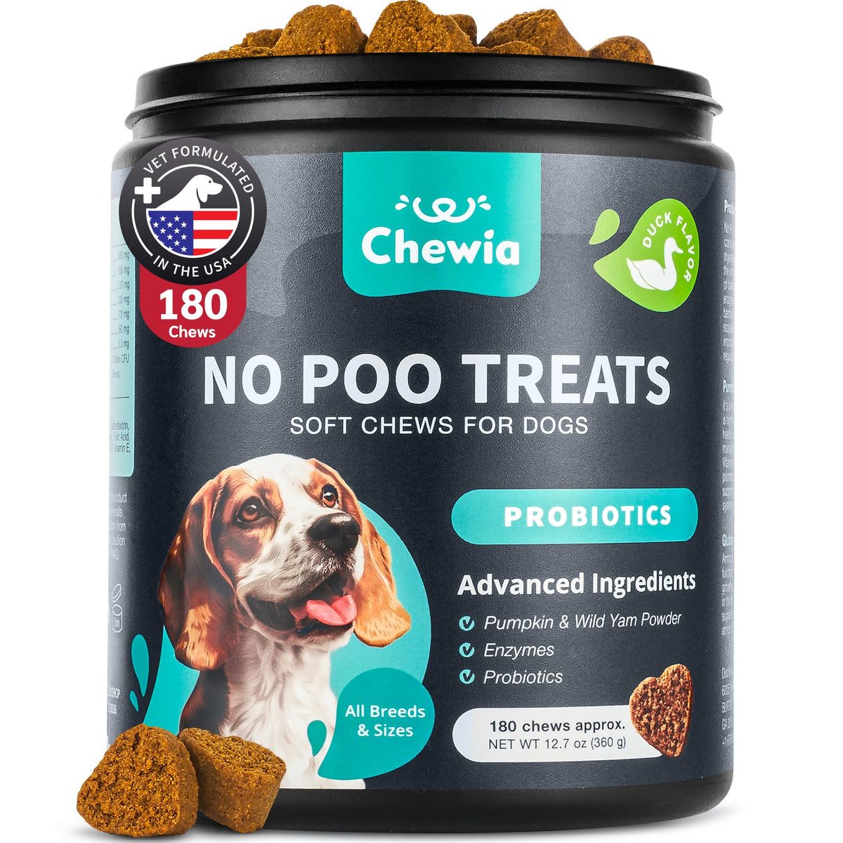 CHEWIA No Poo Chews bottle and treats promoting digestion.