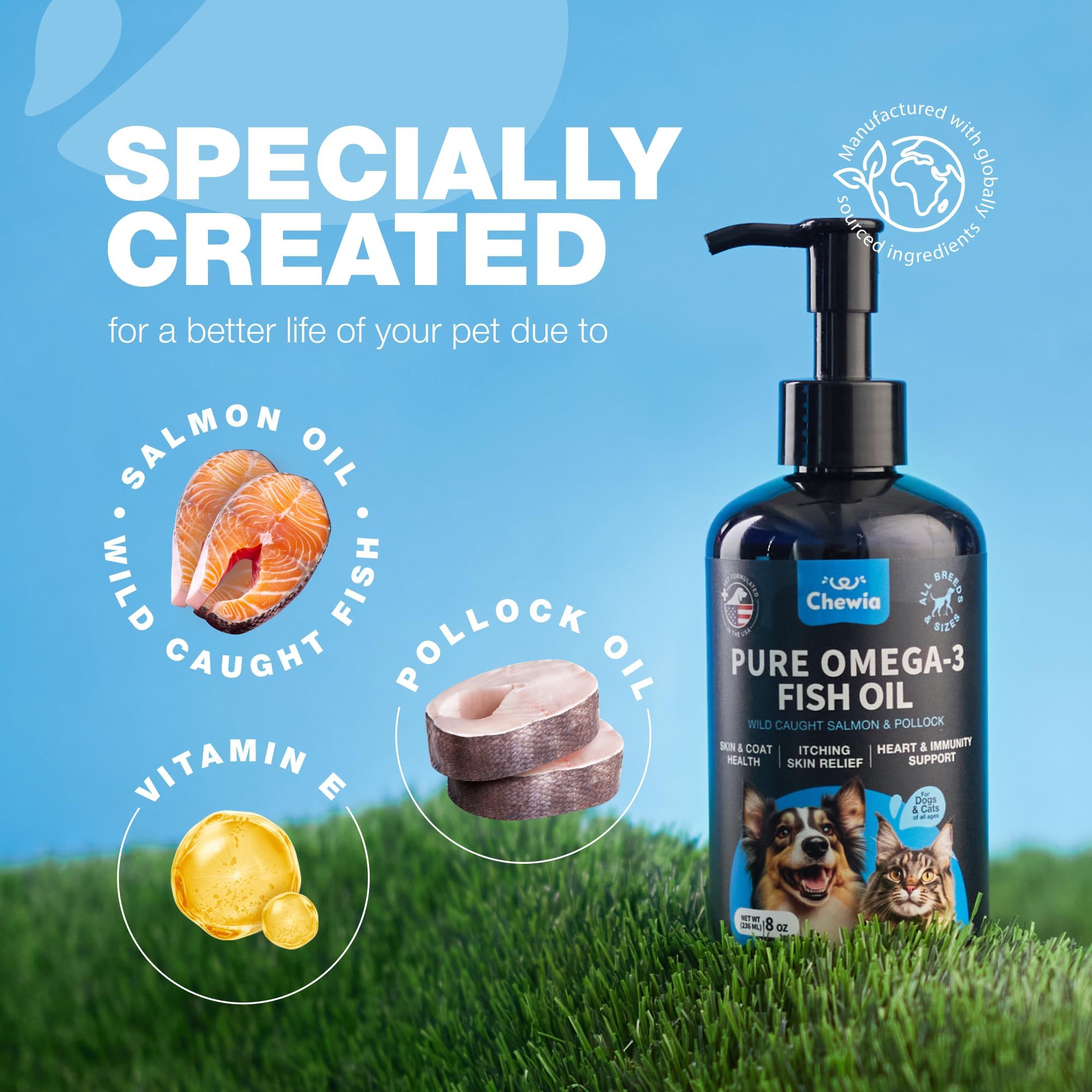 CHEWIA premium ingredients bottle pump emphasizes purity and sustainability.