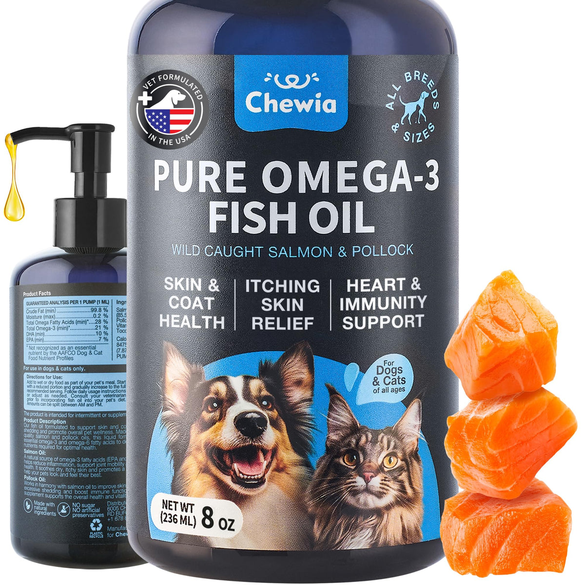 CHEWIA Wild Alaskan Salmon Oil bottle pour supports joints and skin.