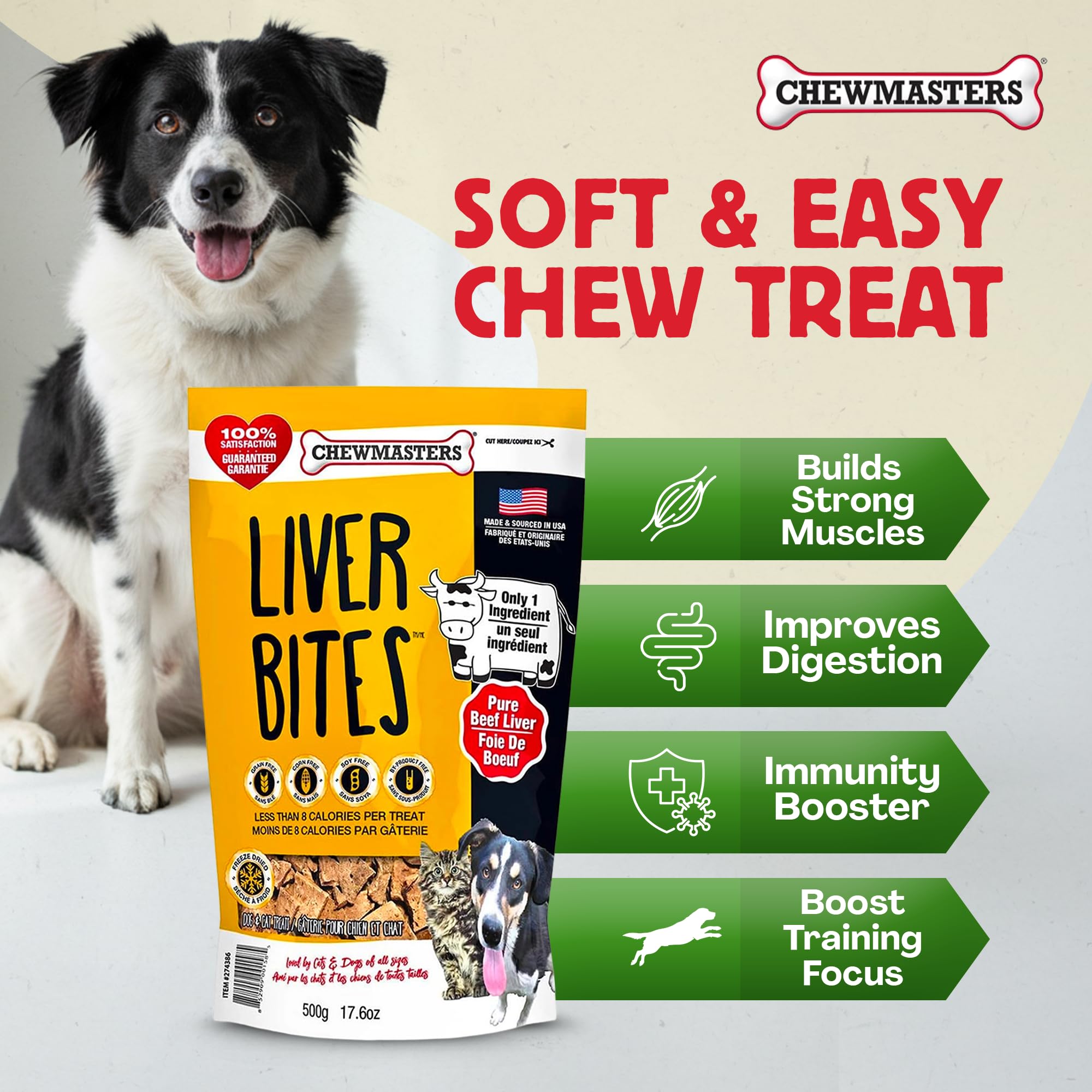 Chewmasters beef liver bites closeup texture highlights crisp freeze-dried surface for training.