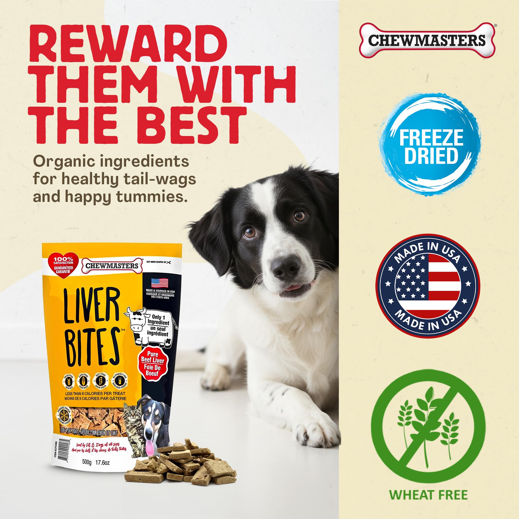 Chewmasters beef liver bites nutrition emphasis in a USA-made package.