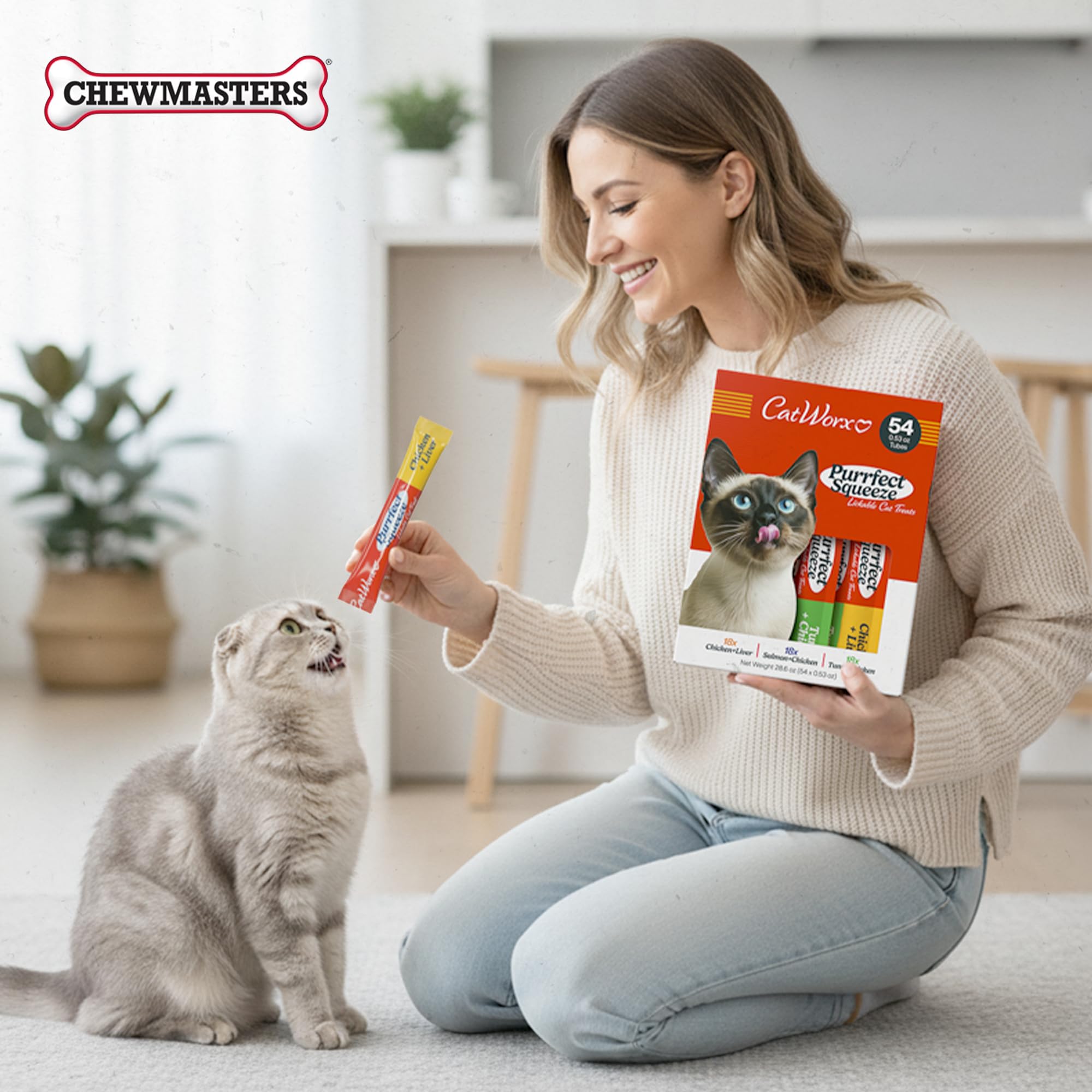Catworx Purrfect Squeeze 54-tube value pack highlights long-lasting supply.