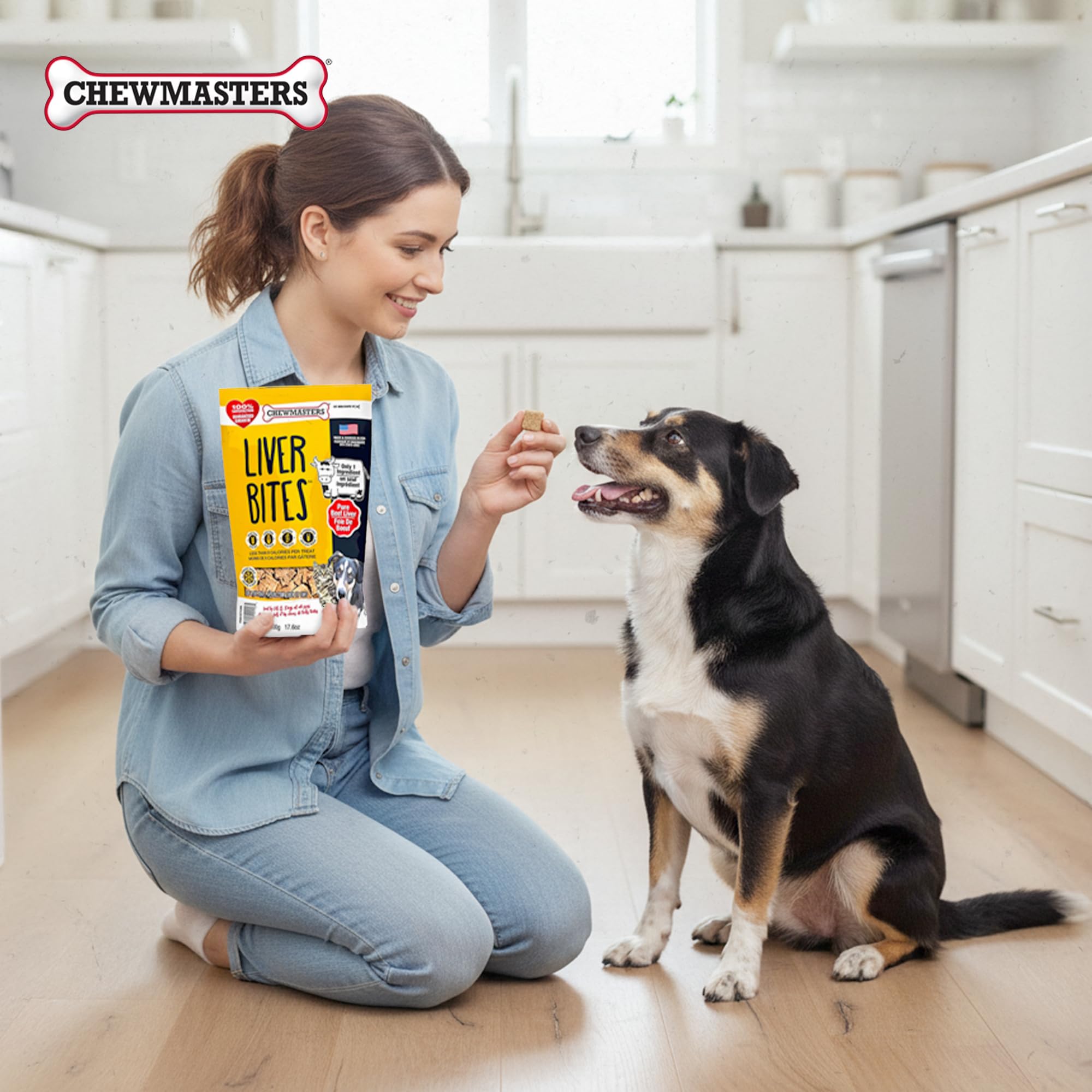 Chewmasters dog and cat friendly bites shown in portions for easy serving.