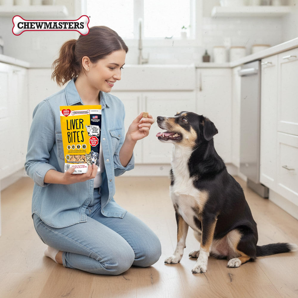Chewmasters dog and cat friendly bites shown in portions for easy serving.