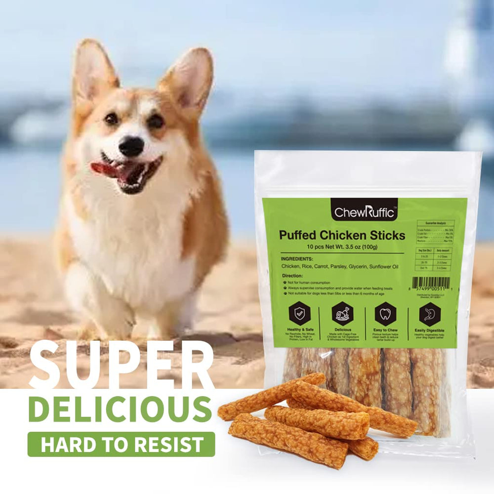 ChewRuffic chicken dog chew sticks closeup easy digestibility for sensitive stomachs.