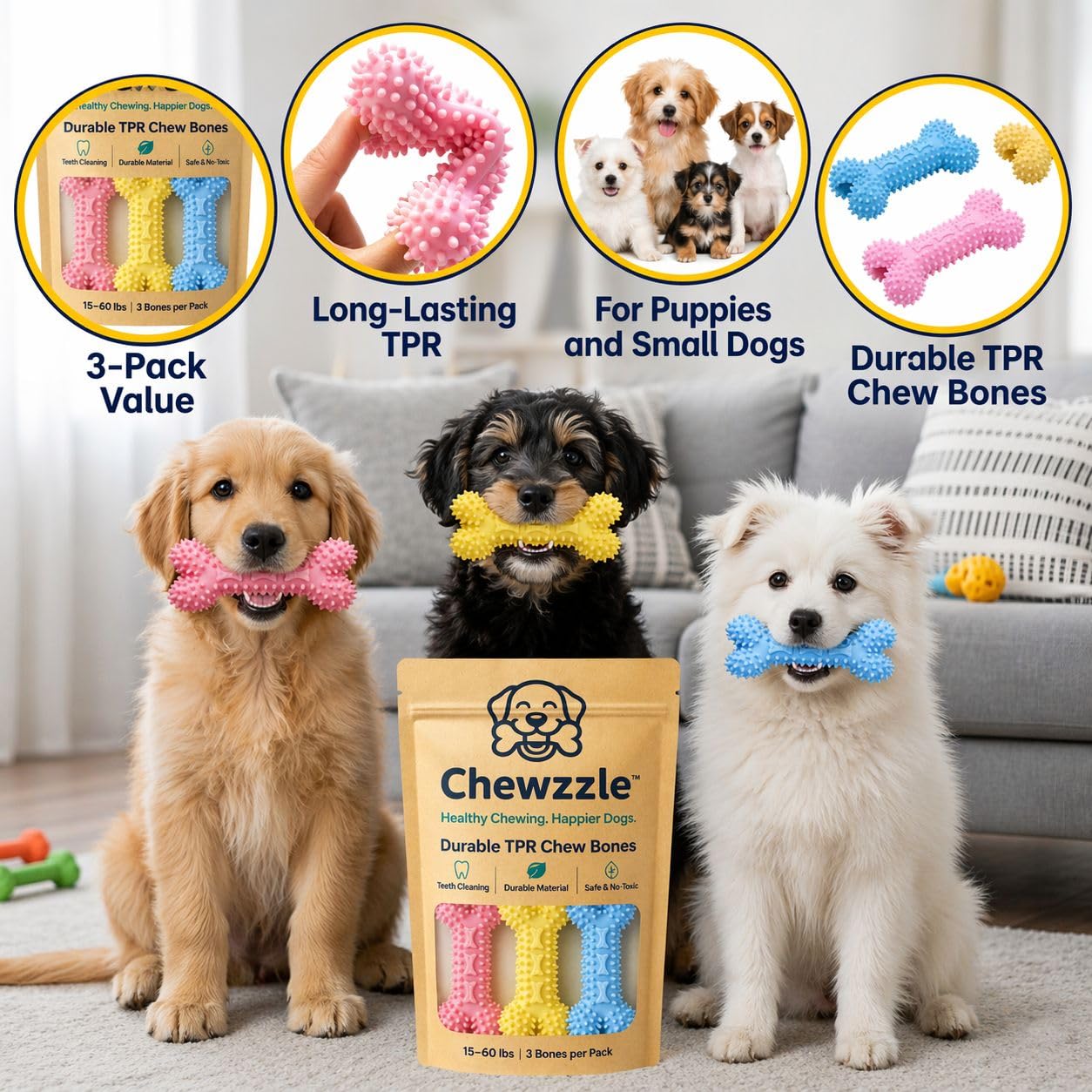 Chewzzle Puppy Teething Toy 3-pack in colorful colors for rotation