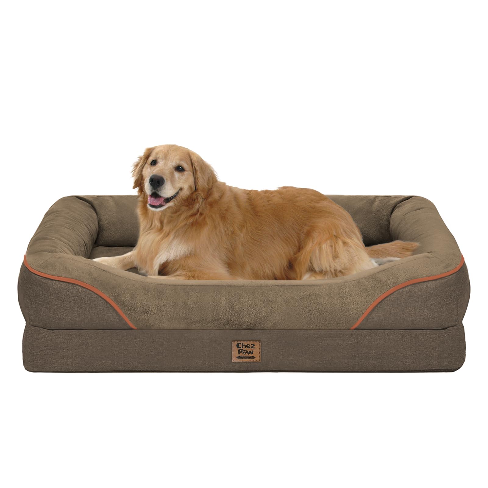 Chez Paw orthopedic XL bed with surrounding bolster provides secure head and neck support.