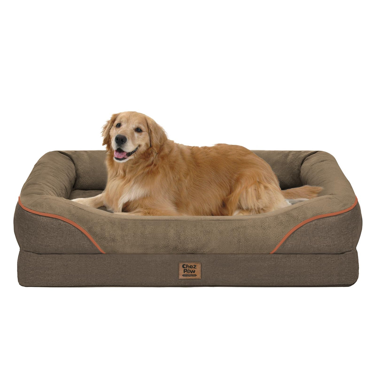 Chez Paw orthopedic XL bed with surrounding bolster provides secure head and neck support.