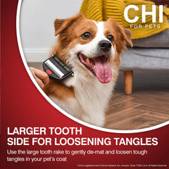 CHI for Dogs 2-in-1 dematting rake featuring an ergonomic handle for comfortable grooming