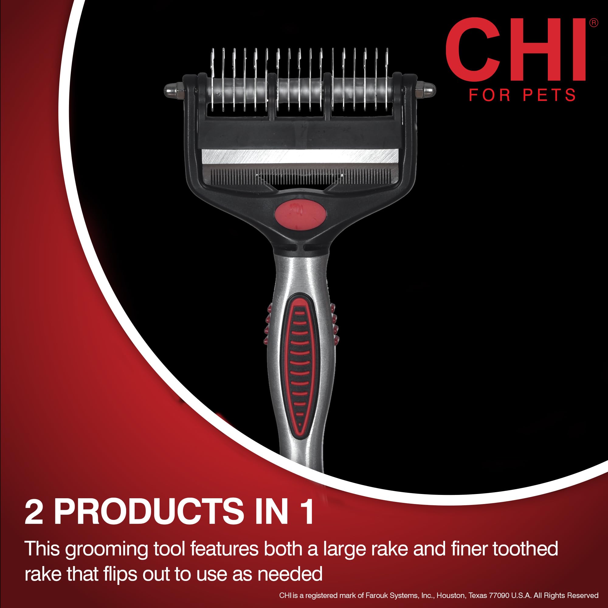 CHI for Dogs 2-in-1 dematting rake with flip-out fine deshedding teeth for shedding control