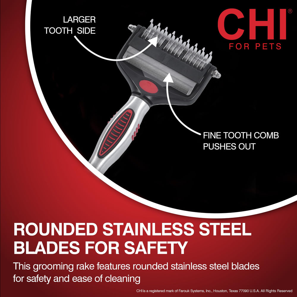 CHI for Dogs dematting rake focusing on the tail base area for tangles