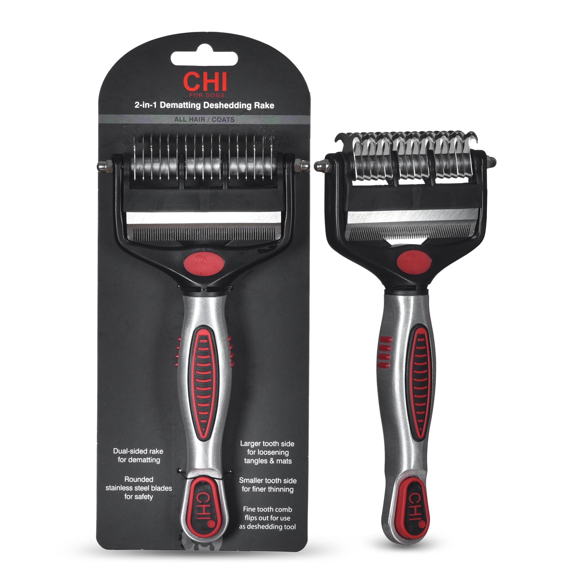CHI for Dogs 2-in-1 dematting rake with wide teeth for knot relief in thick coats