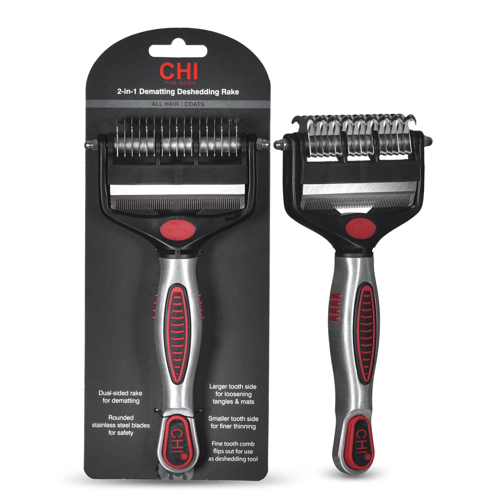 CHI for Dogs 2-in-1 dematting rake with wide teeth for knot relief in thick coats