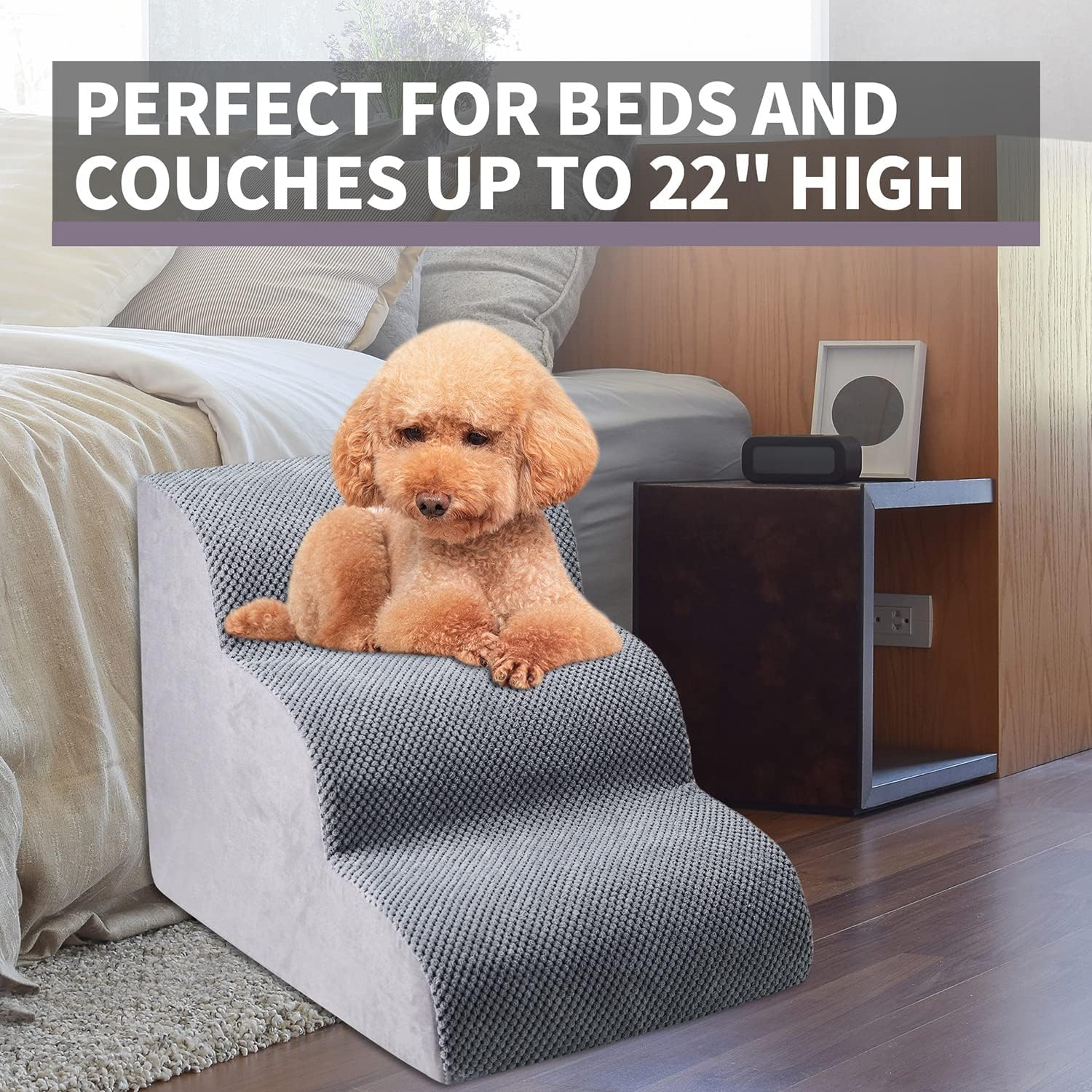 Chic Threads dog stairs non-slip base improves safety on wood or carpet.