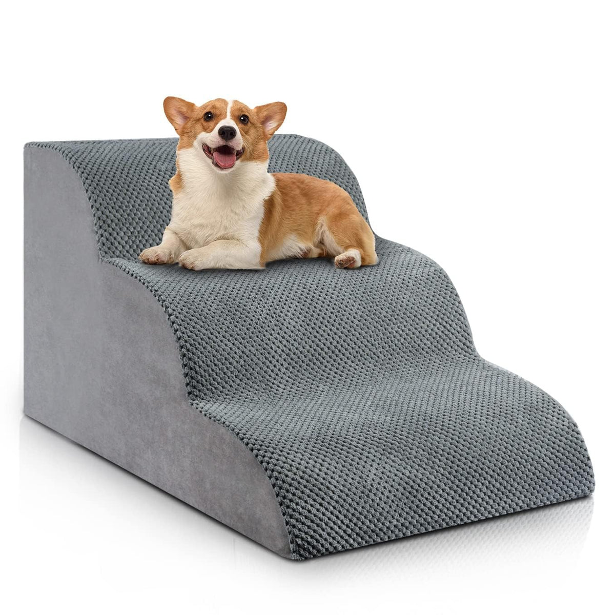 Chic Threads dog stairs soft cover on couch offers comfy, easy pet access.
