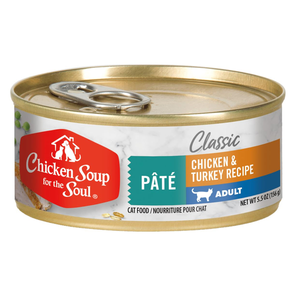 Chicken Soup for the Soul adult cat food can shows first-ingredient chicken for protein