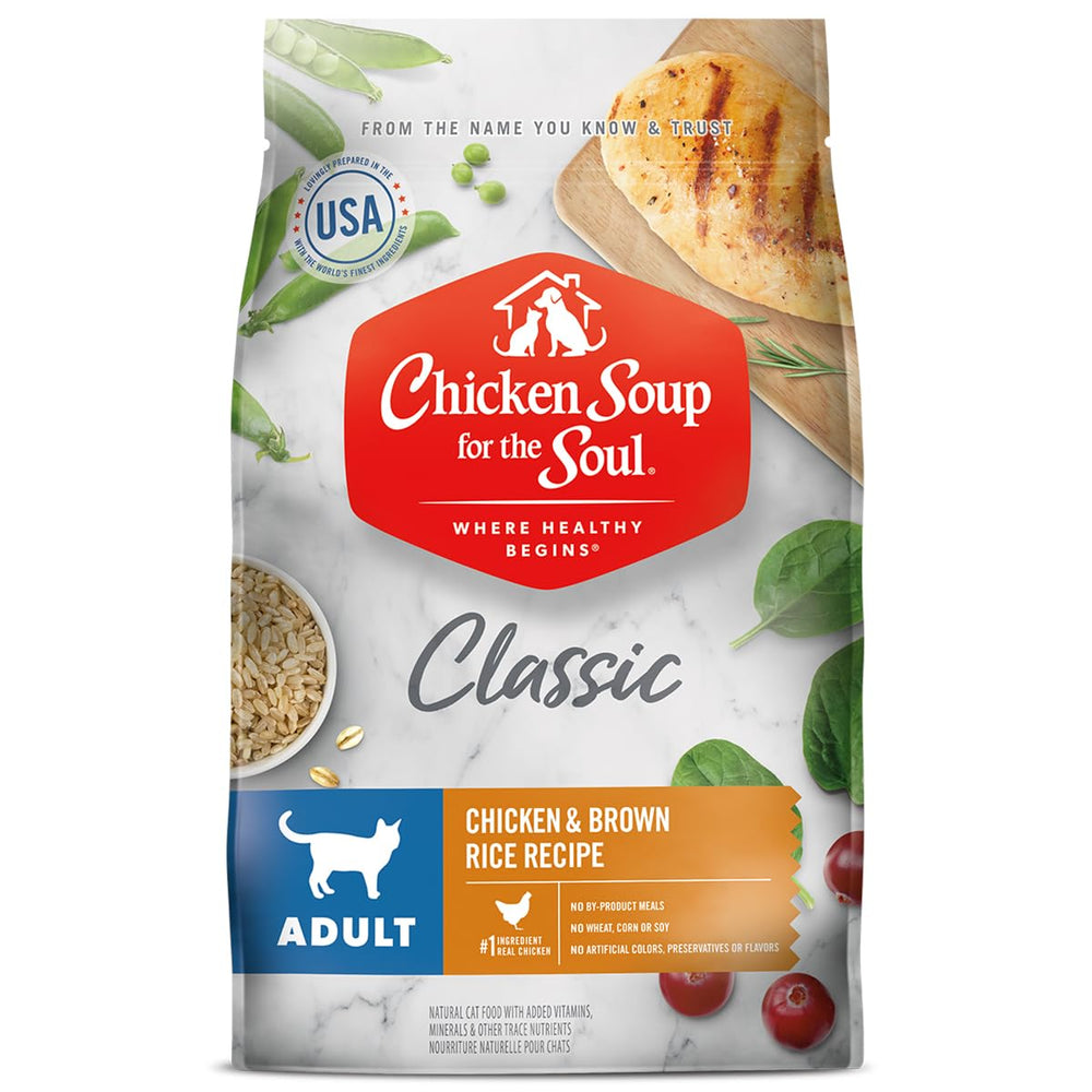 Chicken Soup for the Soul cat food bag front shows real chicken as the first ingredient