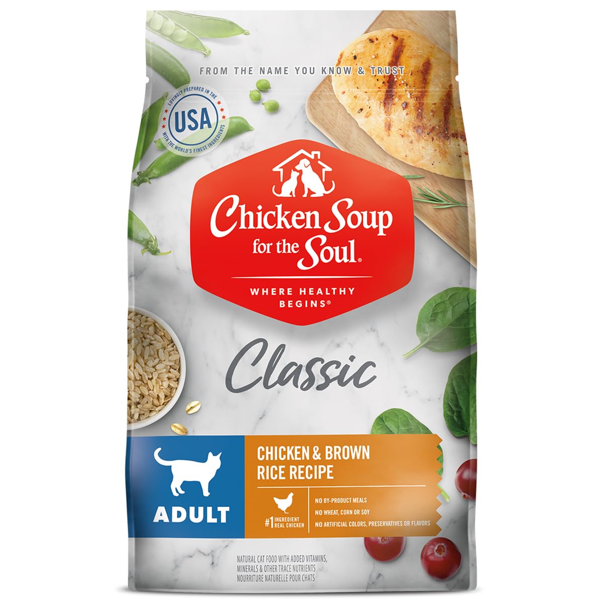 Chicken Soup for the Soul cat food shows first-ingredient chicken, highlighting premium protein for cats
