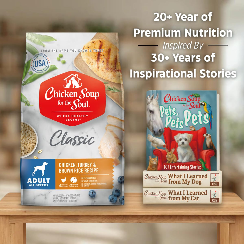 Chicken Soup for the Soul icon communicates grain-free, soy-free benefits for dogs.