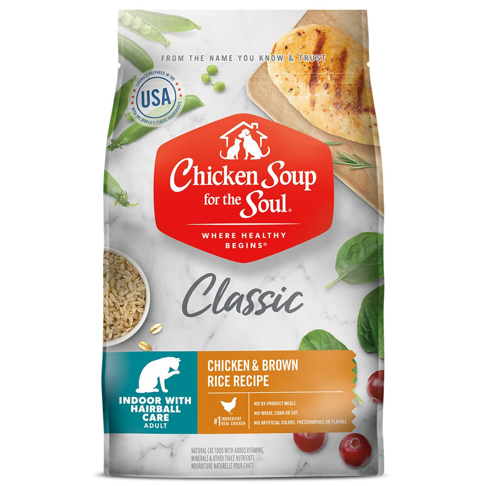 Chicken Soup for the Soul Indoor Cat Food packaging shows premium ingredients for a healthy meal