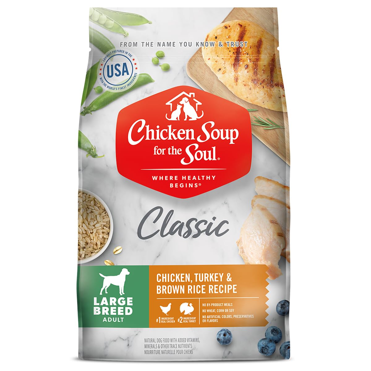 Chicken Soup for the Soul large breed dog food bag showing premium ingredients for healthy nutrition