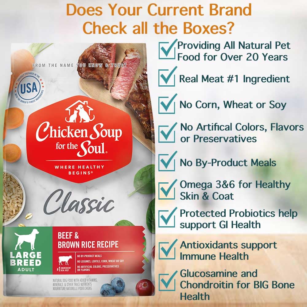 Chicken Soup for the Soul with real beef first ingredient supports lean muscle.