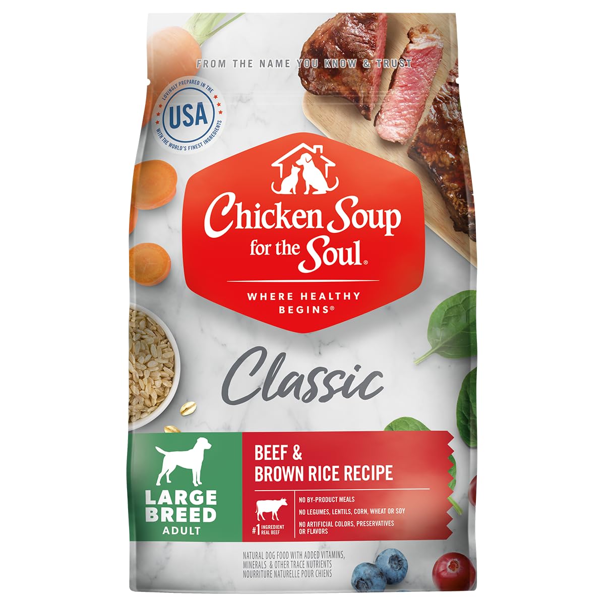 Chicken Soup for the Soul large breed dog food in a bowl supports healthy digestion.