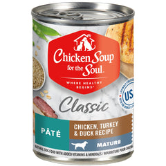 Chicken Soup for the Soul Mature Wet Dog Food can opened, showing real ingredients for a balanced meal.