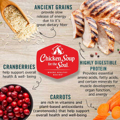 Chicken Soup for the Soul Mature Wet Dog Food ingredients-closeup-grains-fruits, highlighting wholesome oats and berries for energy.