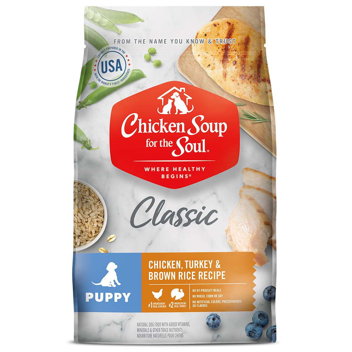 Chicken Soup for the Soul puppy food bag front featuring real chicken first ingredient for palatability.