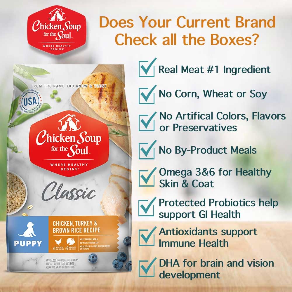 Chicken Soup for the Soul puppy food uses real turkey as a second ingredient for balanced nutrition.