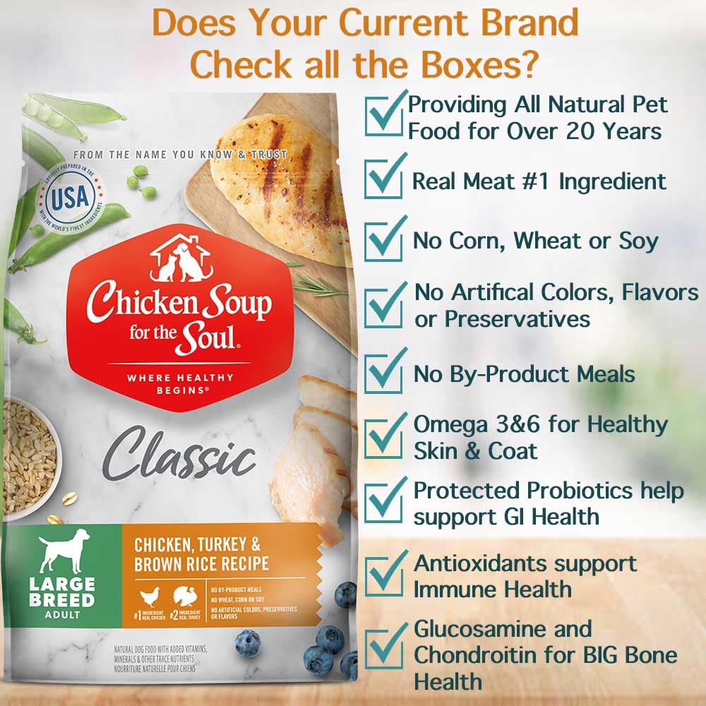 Chicken Soup for the Soul logo and real chicken and turkey ingredient focus in kibble