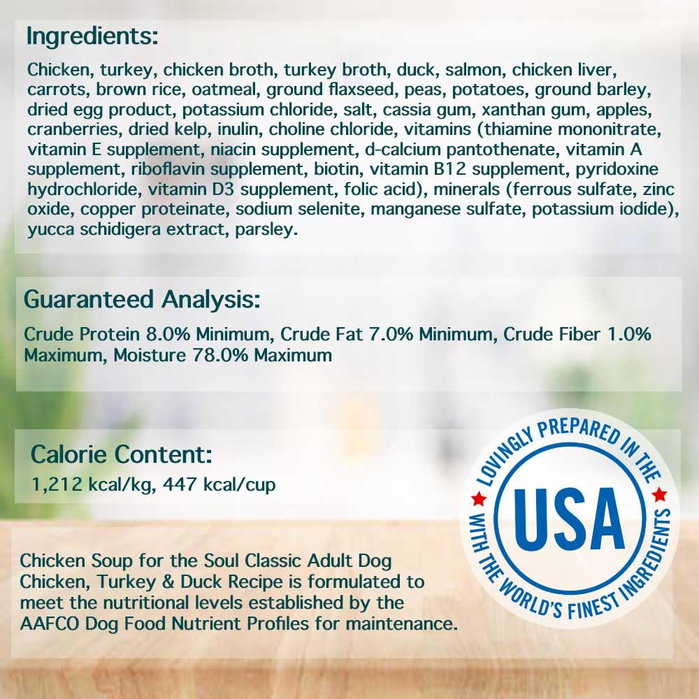 No artificial flavors or preservatives in Chicken Soup for the Soul dog food.