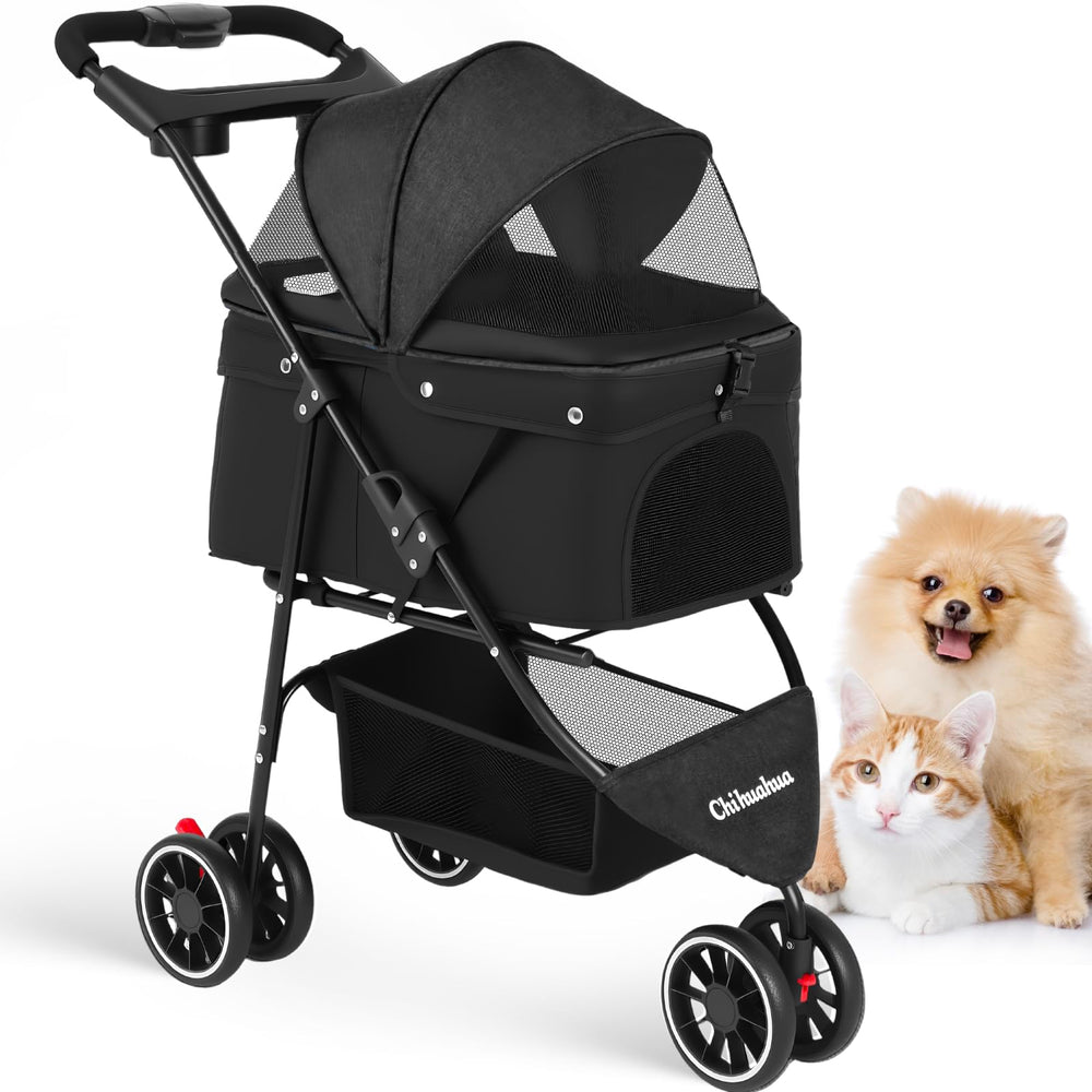 Chihuahua pet stroller with three wheels for smooth steering on varied surfaces.