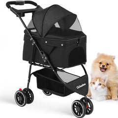 Chihuahua pet stroller with three wheels for smooth steering on varied surfaces.