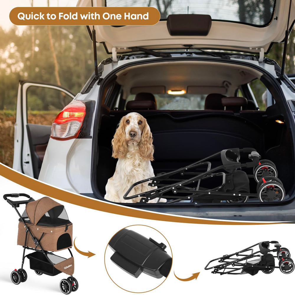 Chihuahua pet stroller with 360-degree front wheels and rear brakes for safe maneuverability.