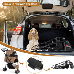 Chihuahua pet stroller with 360-degree front wheels and rear brakes for safe maneuverability.