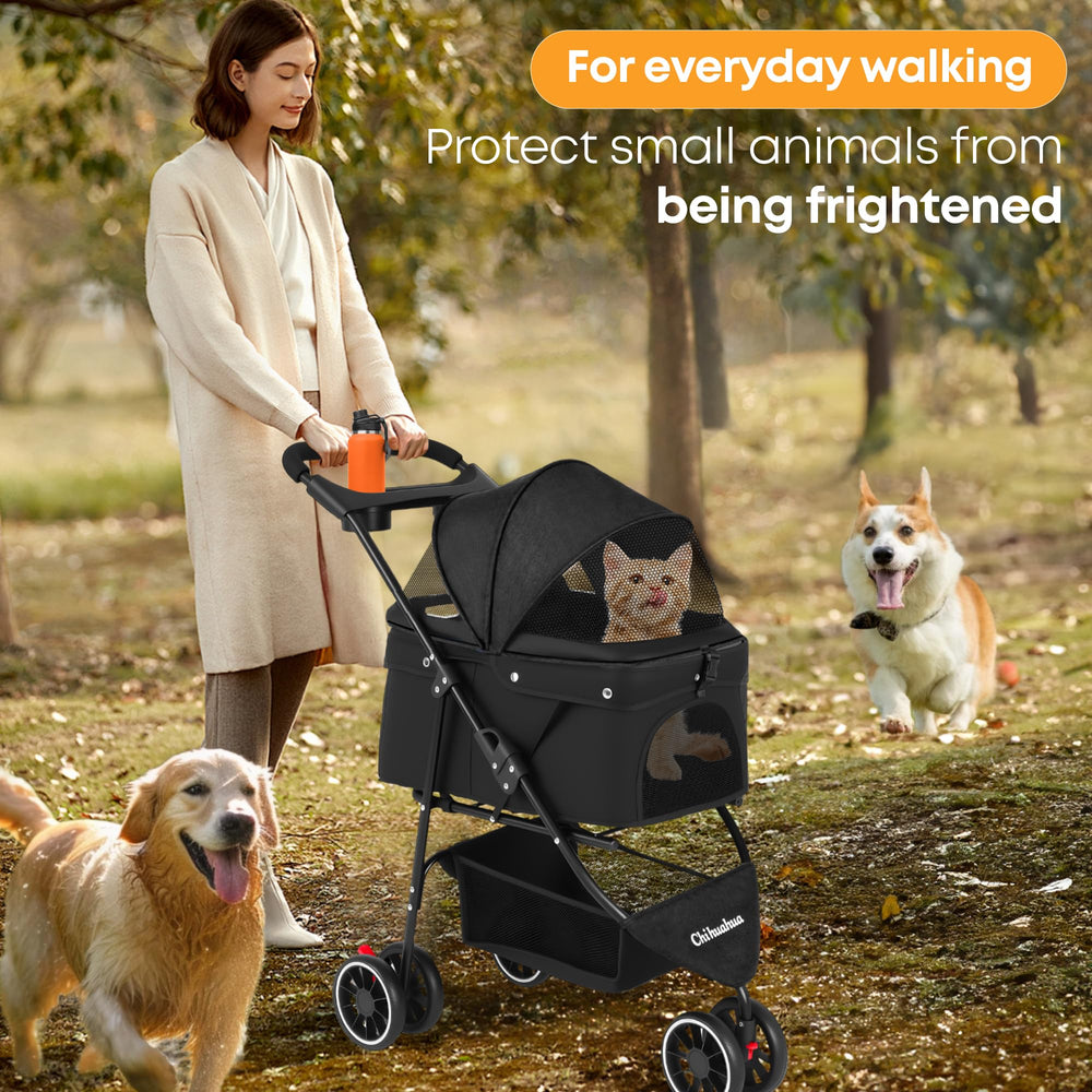 Chihuahua pet stroller all-terrain wheels glide across grass and sidewalks.