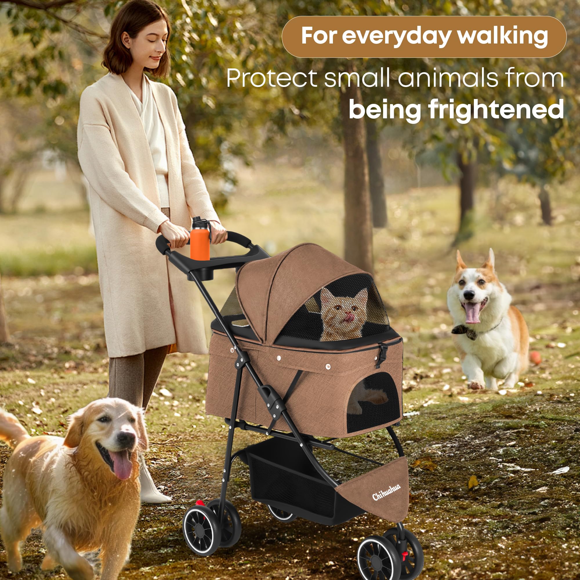 Chihuahua pet stroller with cup holders and undercarriage storage for convenience.