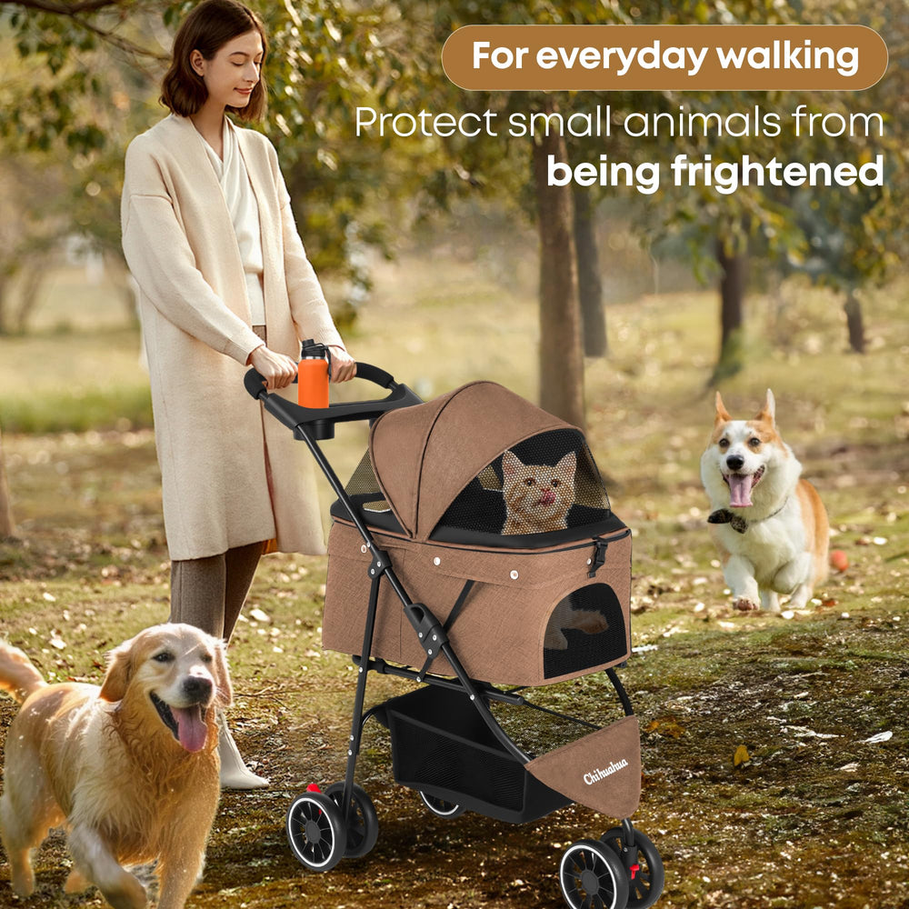 Chihuahua pet stroller with cup holders and undercarriage storage for convenience.