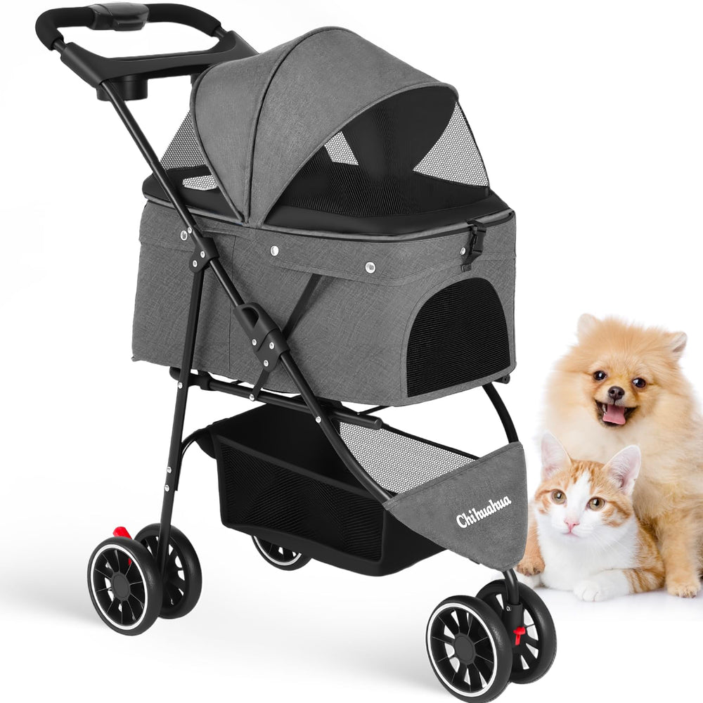 Chihuahua pet stroller folded compact for travel and storage.