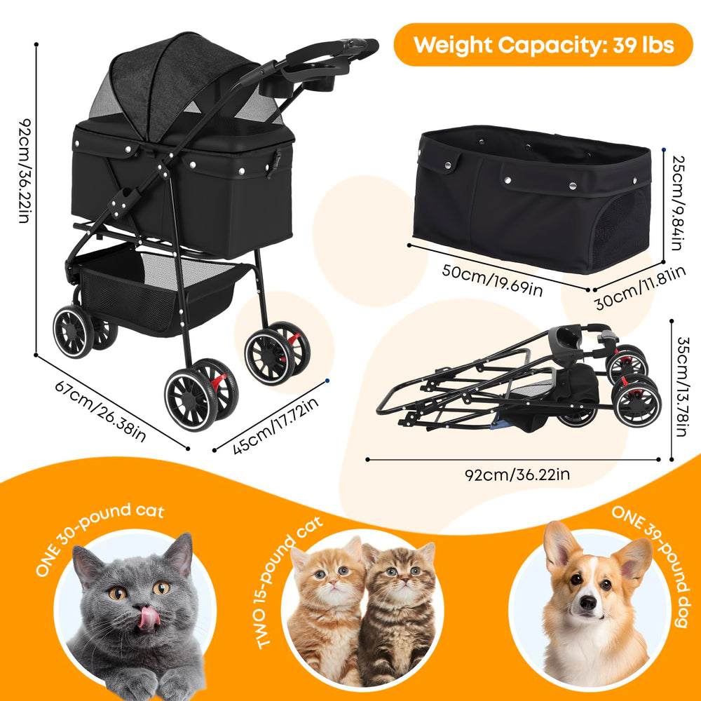 Chihuahua pet stroller folded compactly for quick storage and travel.
