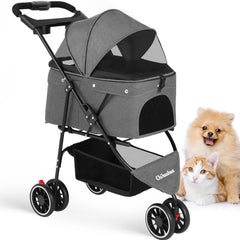 Chihuahua pet stroller folded compact for travel and storage.