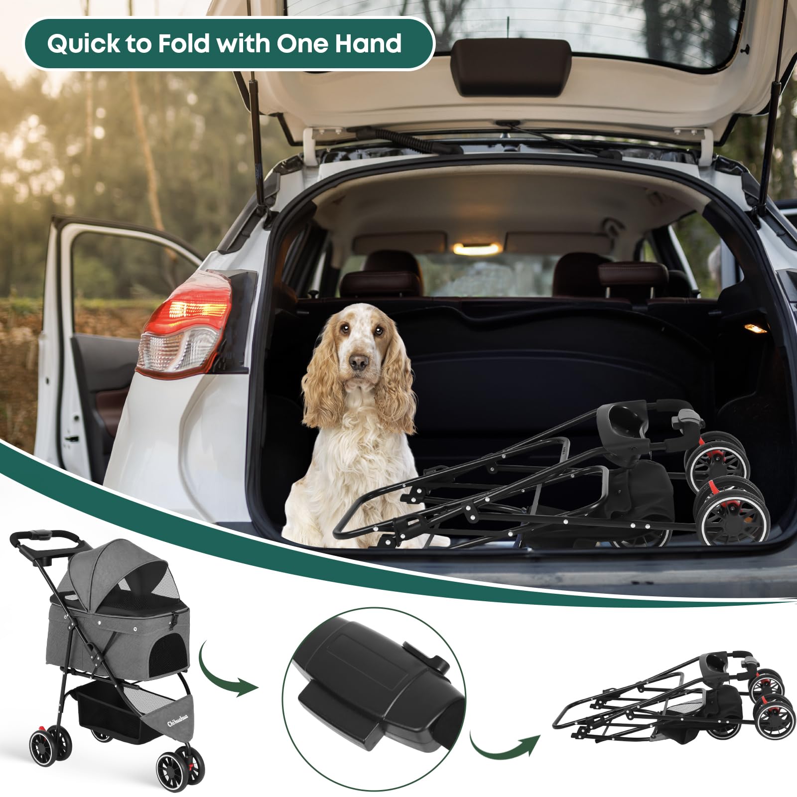 Chihuahua pet stroller front view with dual openings for easy access.