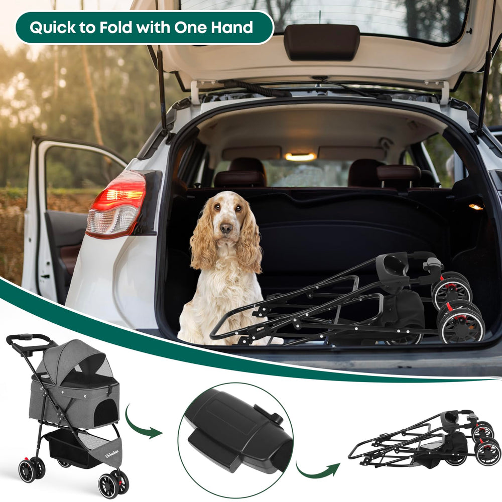 Chihuahua pet stroller front view with dual openings for easy access.