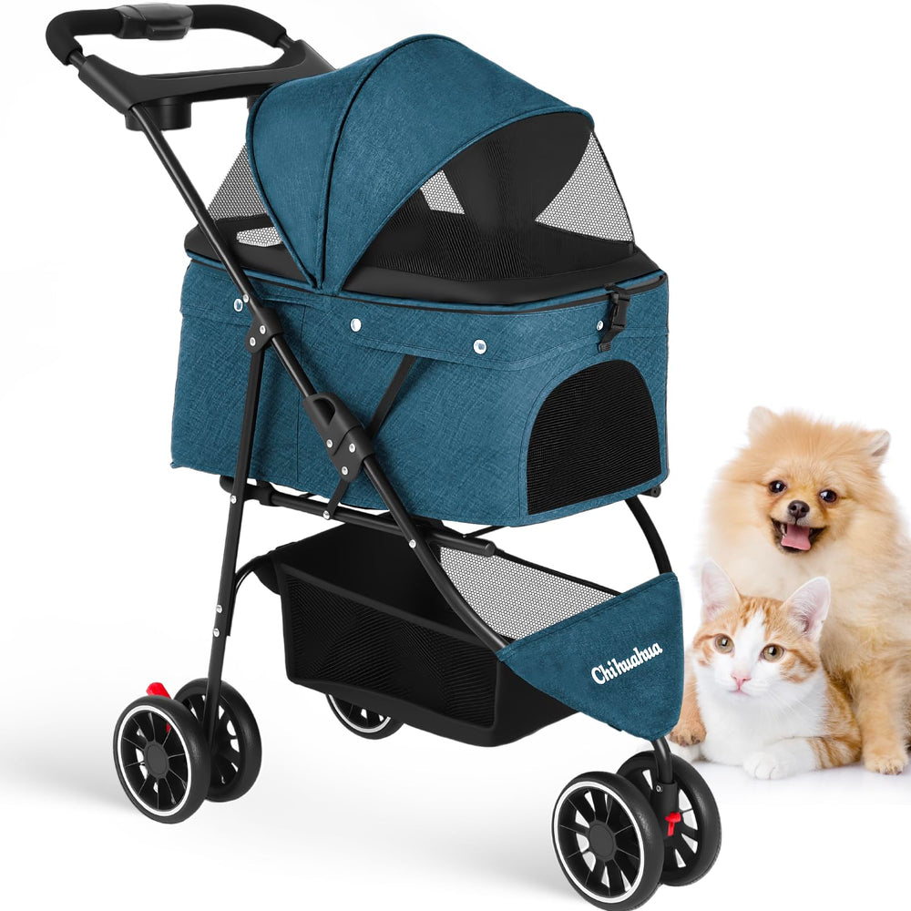 Chihuahua pet stroller front view shows easy access and secure fit for small pets.