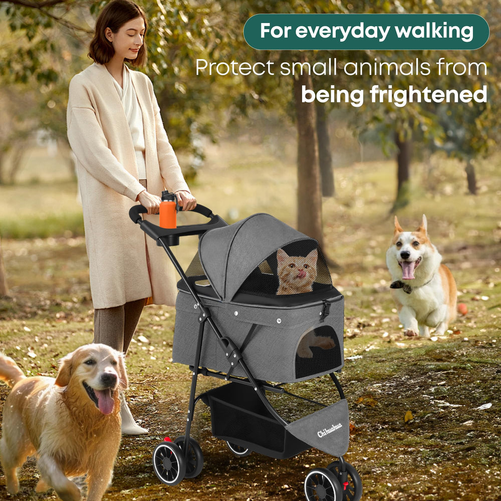 Chihuahua pet stroller quick-attach wheels enable instant setup.