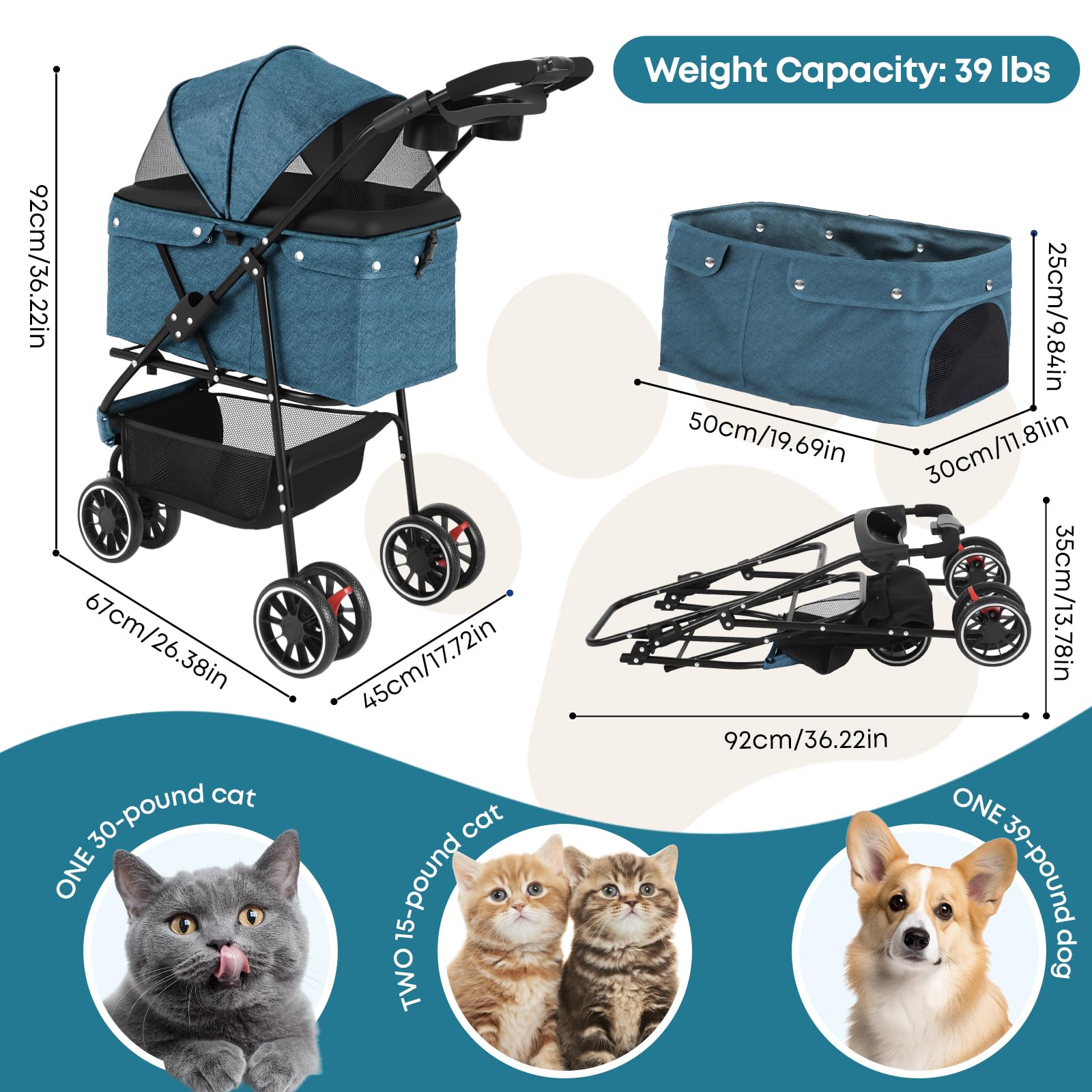 Chihuahua pet stroller side view highlights foldable design for quick storage on trips.